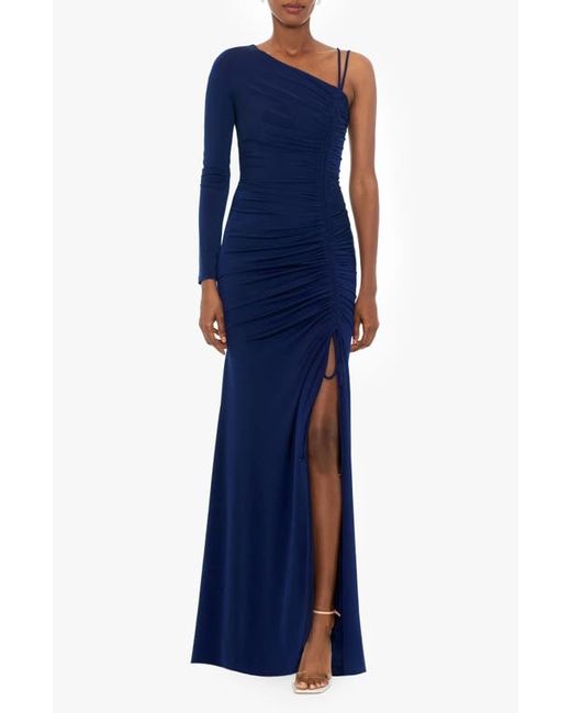 Xscape One-Shoulder Long Sleeve Cinched Gown in at 4