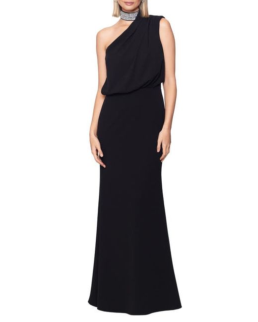 Betsy & Adam Crystal Mock Neck One-Shoulder Gown in at 2