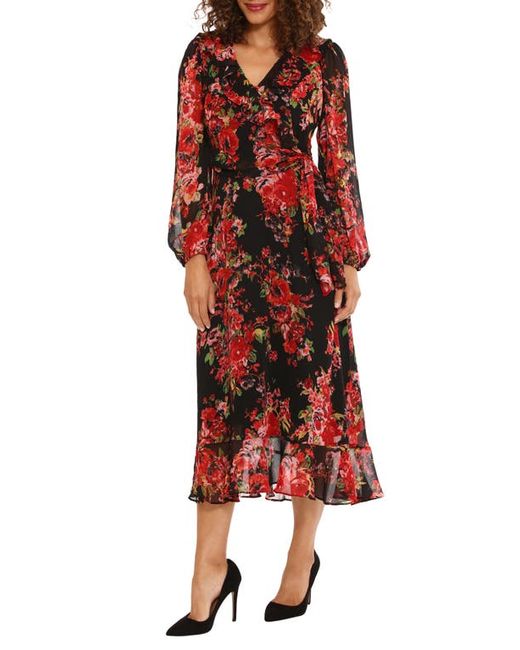 Maggy London Floral Long Sleeve Tiered Faux Wrap Midi Dress in Black at 0