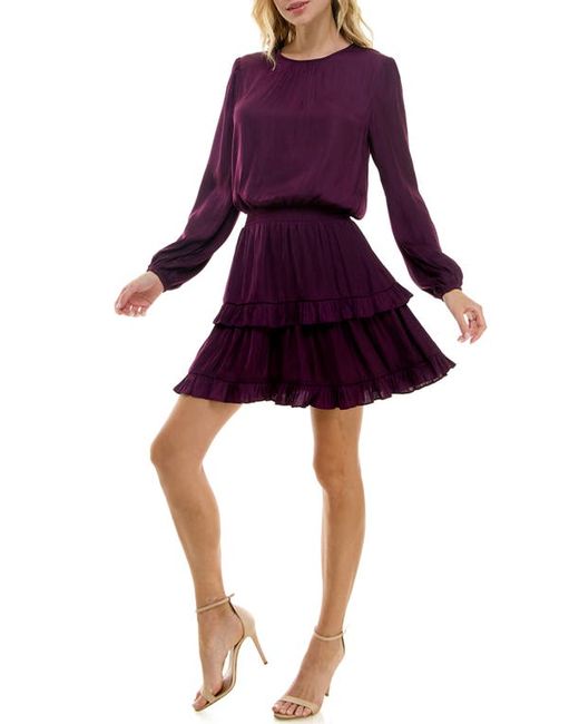 Socialite Smocked Tiered Long Sleeve Satin Dress in at Small