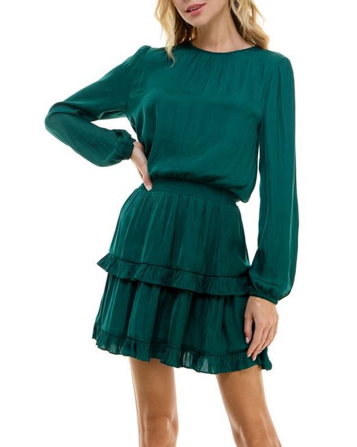 Socialite Smocked Tiered Long Sleeve Satin Dress in at X-Small