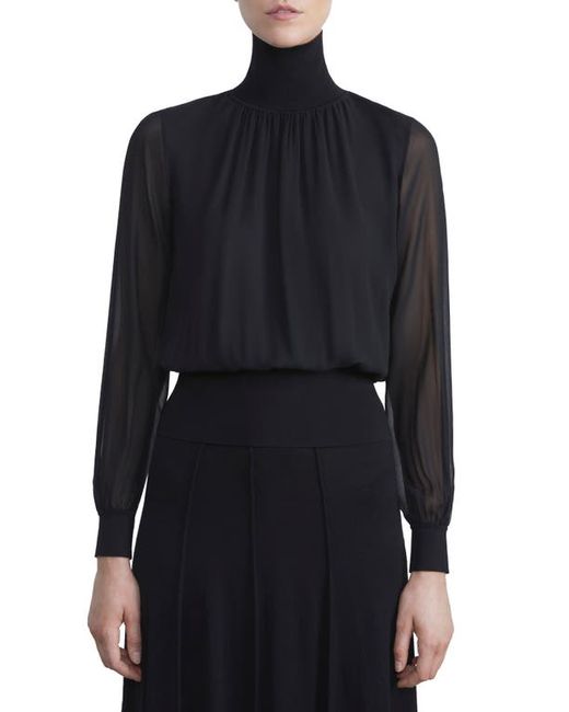 Lafayette 148 New York Mixed Media Silk Turtleneck Top in at X-Small