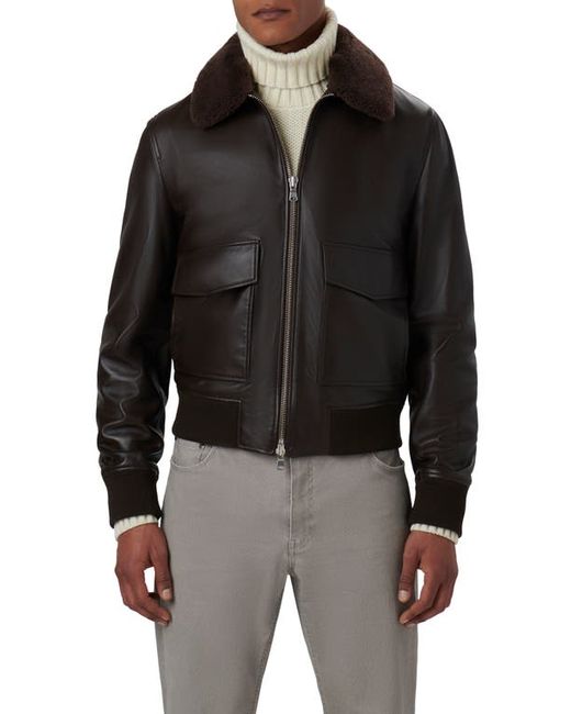 Bugatchi Leather Bomber Jacket with Removable Genuine Shearling Collar in at Small