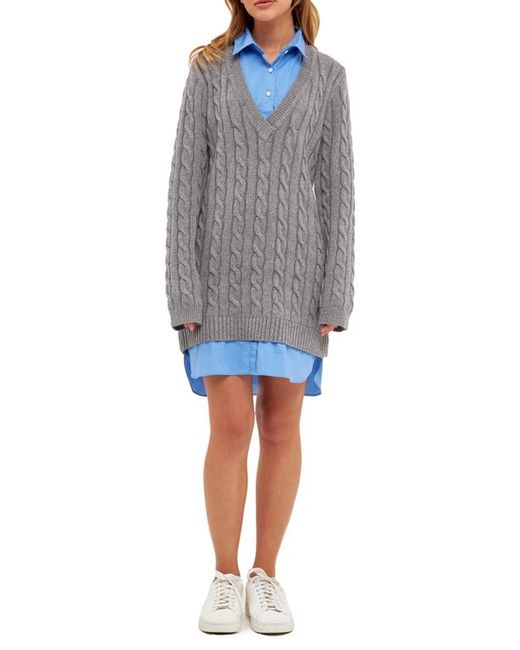 English Factory Mixed Media Cable Stitch Long Sleeve Sweater Dress in Grey/Oxford at X-Small