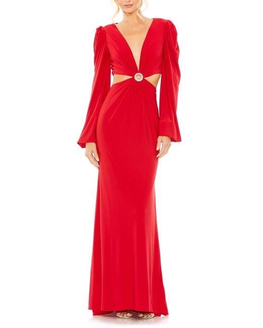 Ieena for Mac Duggal Cutout Long Sleeve Jersey Column Gown in at 0