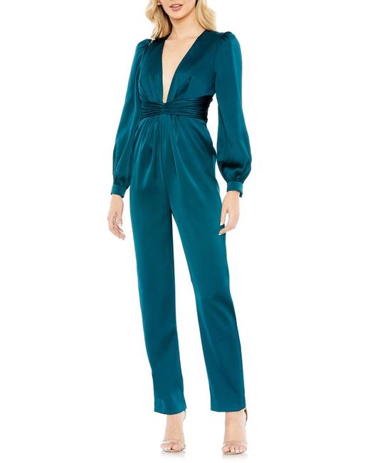 Mac Duggal Plunge Neck Long Sleeve Satin Jumpsuit in at 0