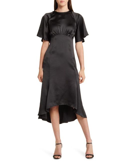 Chelsea28 Flutter Sleeve High-Low Satin Midi Dress in at