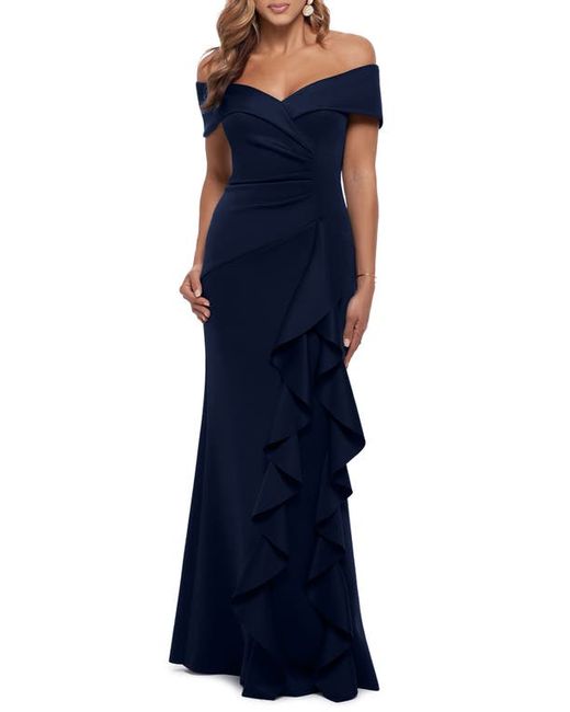 Xscape Ruffle Off the Shoulder Scuba Knit Gown in at 10