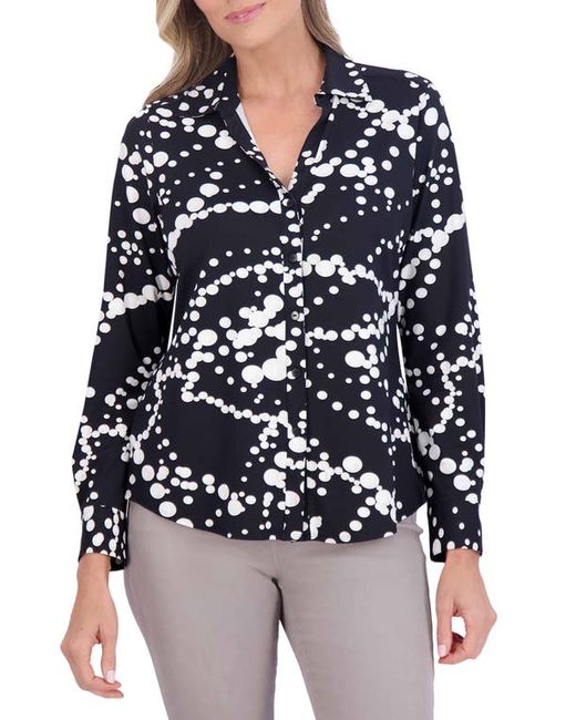 Foxcroft Mary Dot Print Jersey Button-Up Shirt in Black at X-Small
