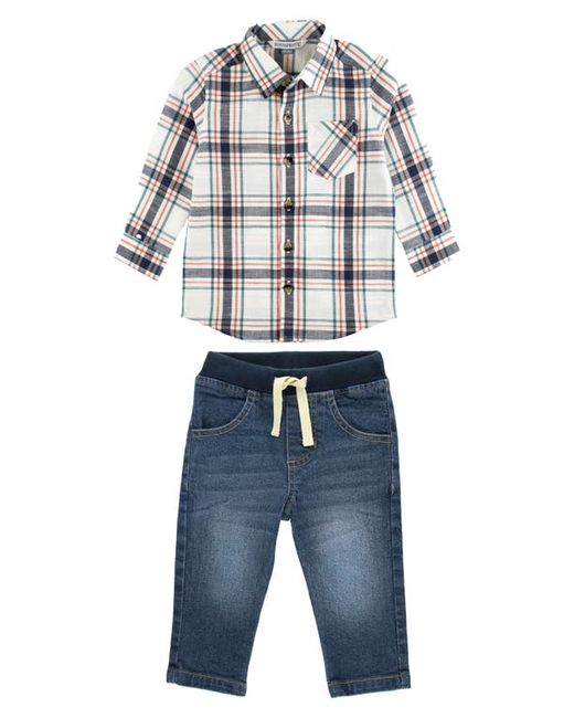 RuggedButts Plaid Button-Up Shirt Jeans Set in at 3-6M