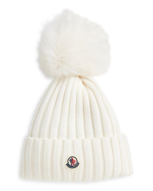 Moncler Virgin Wool Rib Beanie with Faux Fur Pompom in at