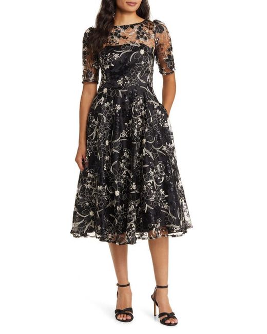 Eliza J Sequin Floral Embroidery Fit Flare Cocktail Midi Dress in at 0