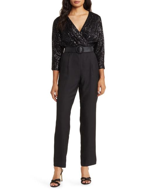 Eliza J Sequin Bodice Mixed Media Jumpsuit in at 0