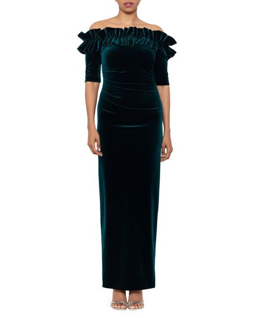 Xscape Ruffle Off the Shoulder Velvet Sheath Gown in at 4