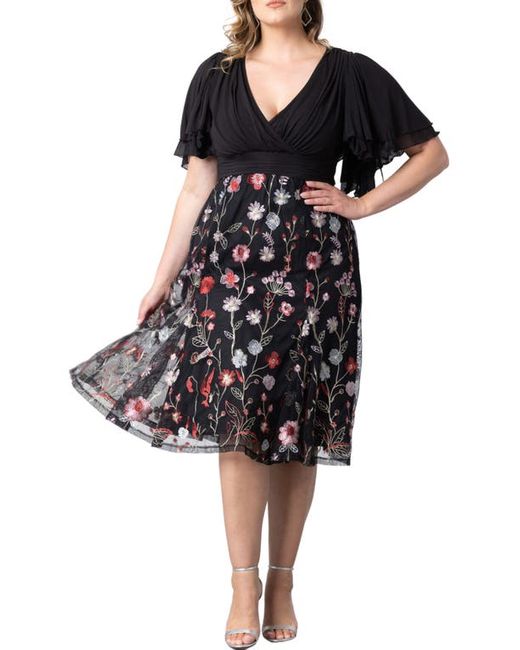 Kiyonna Lillian Embroidered Flutter Sleeve Cocktail Dress in at 0X