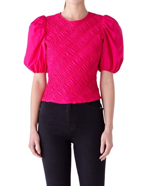 English Factory Asymmetric Shirred Puff Sleeve Top in at X-Small