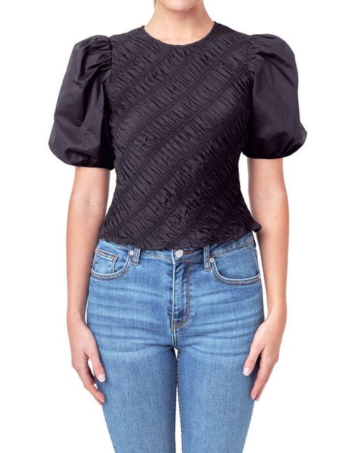 English Factory Asymmetric Shirred Puff Sleeve Top in at X-Small