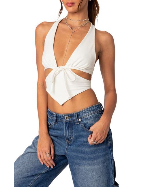 Edikted Cady Tie Front Halter Neck Stretch Cotton Top in at