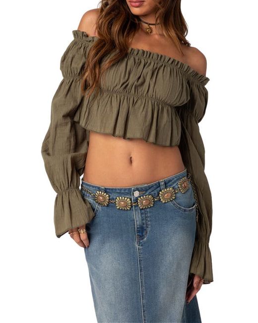 Edikted Majestic Off the Shoulder Ruched Crop Top in at X-Small