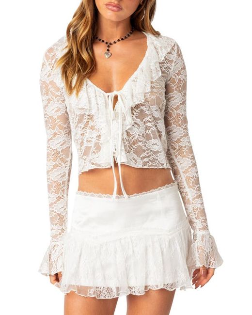 Edikted Josalie Tie Front Lace Crop Top in at X-Small