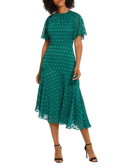 Maggy London Asymmetric Pleated Flutter Sleeve Midi Dress in at 0