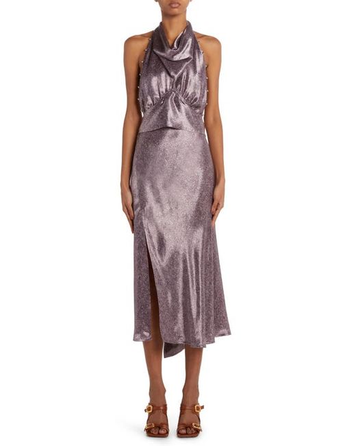 Bottega Veneta Beaded Print Cupro Twill Halter Dress in 5206 Lilac/Midnight at 00 Us