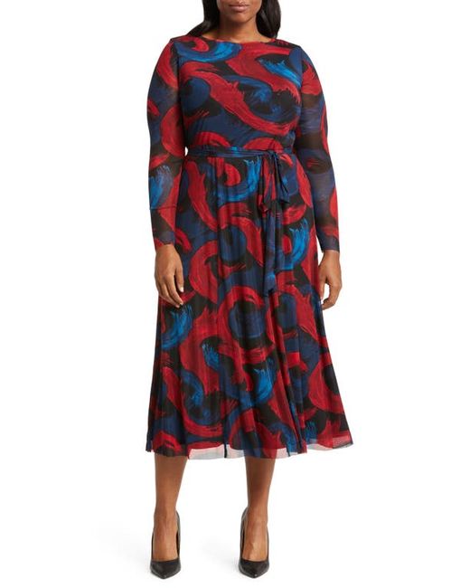 AK Anne Klein Swirl Print Long Sleeve Mesh Midi Dress in Titian Red Juniper Multi at 1X