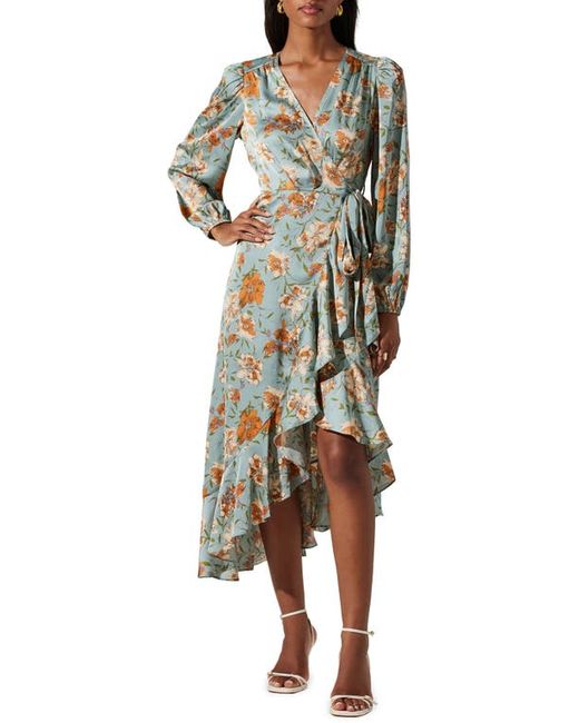 ASTR the Label Satin Long Sleeve Wrap Dress in at X-Small