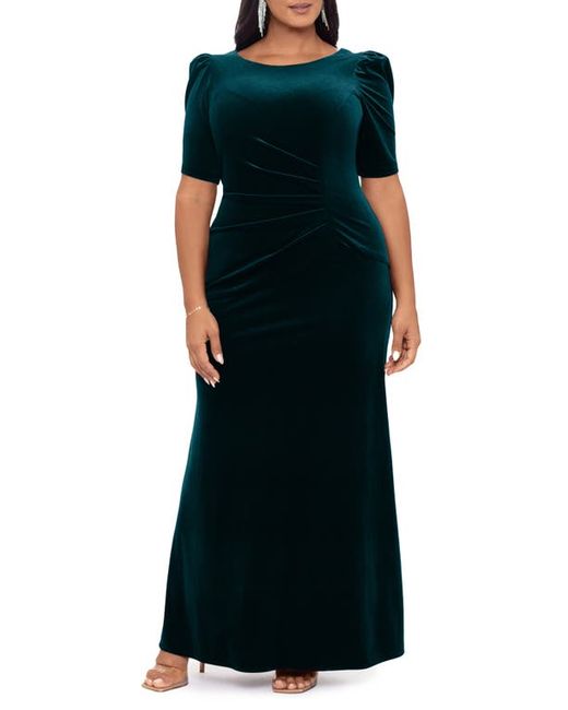 Xscape Ruched Puff Sleeve Velvet Gown in at 14W