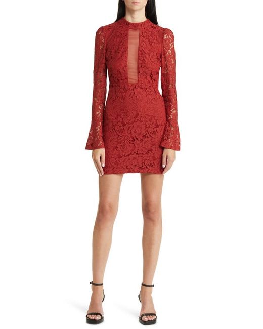 Bebe Open Back Long Sleeve Lace Minidress in at X-Small