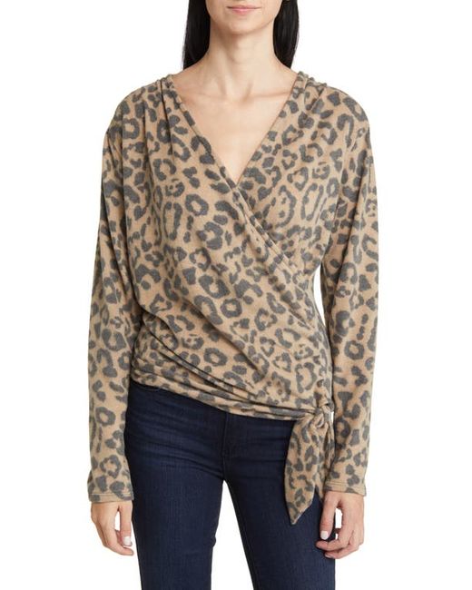 Loveappella Faux Tie Wrap Top in Camel/Charcoal at X-Small