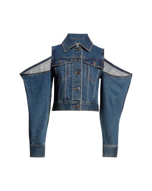 Area Crystal Cutout Sleeve Denim Jacket in at X-Small