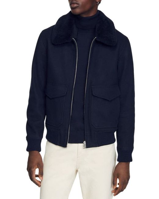 Sandro Aviator Genuine Shearling Collar Wool Blend Bomber Jacket in at X-Small