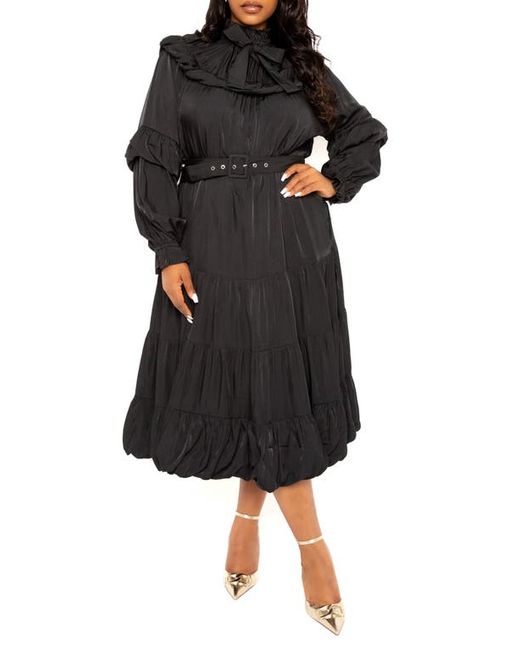 Buxom Couture Belted Bubble Hem Long Sleeve Midi Dress in at