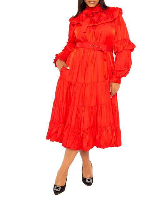 Buxom Couture Belted Bubble Hem Long Sleeve Midi Dress in at