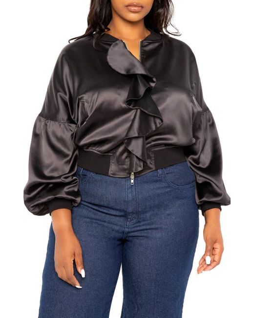 Buxom Couture Ruffle Trim Satin Bomber Jacket in at 1X