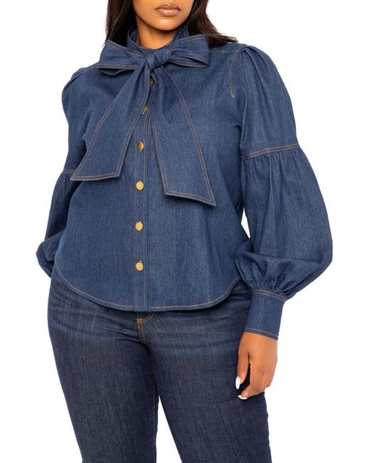 Buxom Couture Bow Neck Puff Shoulder Denim Shirt in at 1X