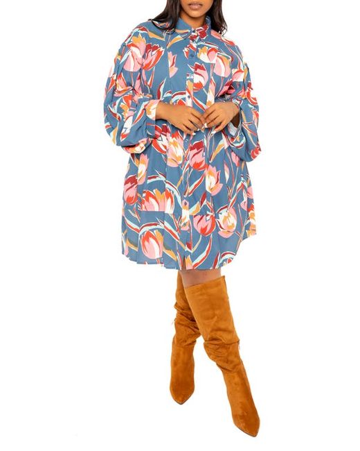 Buxom Couture Floral Balloon Long Sleeve Shirtdress in at 1X