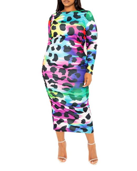 Buxom Couture Animal Print Ruched Long Sleeve Body-Con Dress in at 1X