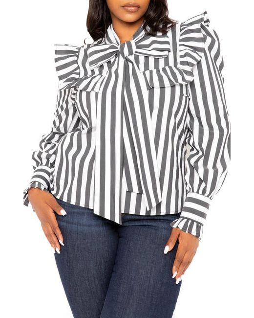 Buxom Couture Stripe Ruffle Bow Neck Shirt in at