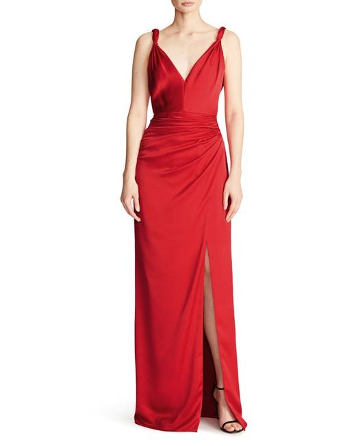 H Halston Yvette Side Ruched Satin Gown in at 2