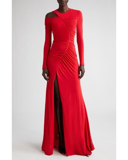 Alexander McQueen Ruched Asymmetric Long Sleeve Jersey Gown in at 2 Us