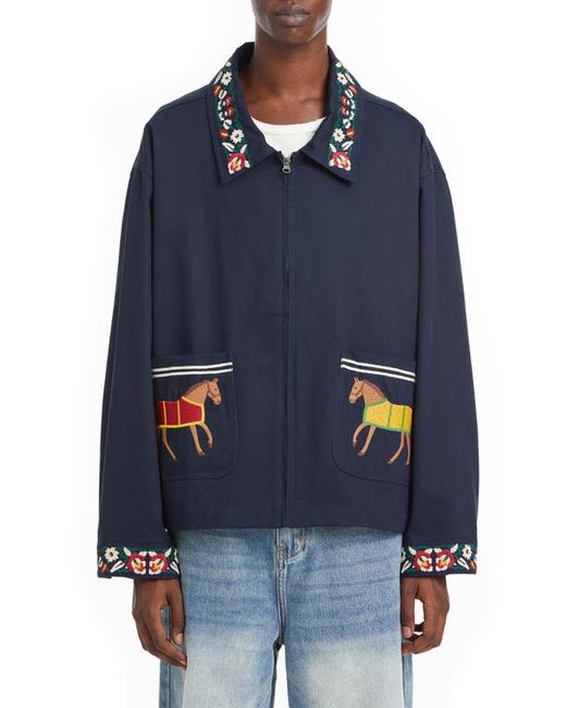Profound Horse Embroidered Cotton Zip-Up Jacket in at