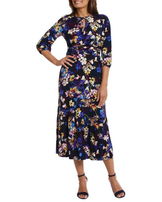 Maggy London Floral Print Tie Neck Ruffle Hem Midi Dress in Navy/Pure Gold at