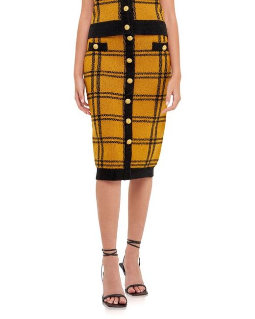 English Factory Plaid Double Knit Midi Pencil Skirt in Yellow at X-Small
