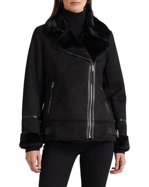 Lauren Ralph Lauren Faux Shearling Leather Moto Jacket in at X-Small