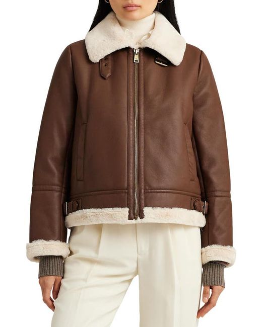 Lauren Ralph Lauren Faux Shearling Trim Leather Jacket in at X-Small