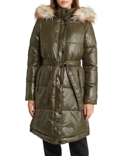 Sam Edelman Belted Puffer Coat with Faux Fur Trim Hood in at