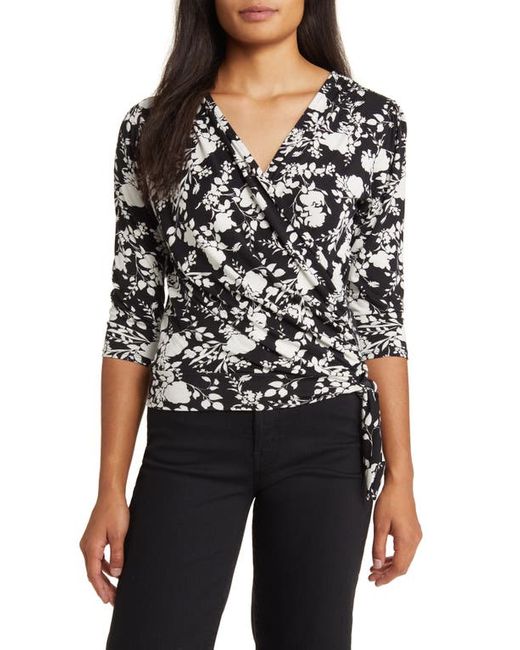 Loveappella Faux Tie Wrap Top in Black/Ivory at X-Small