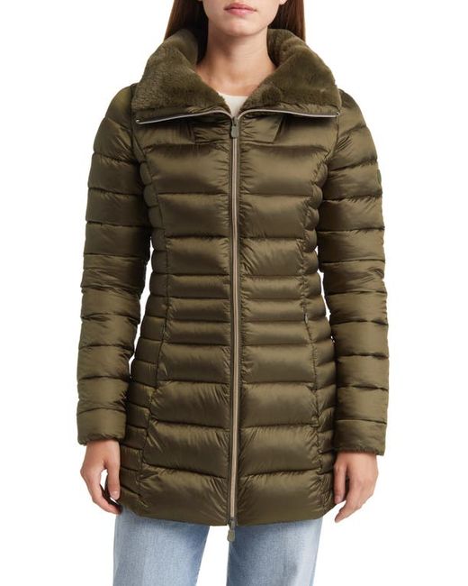 Save The Duck Caroline Faux Fur Collar Longline Puffer Jacket in at 0